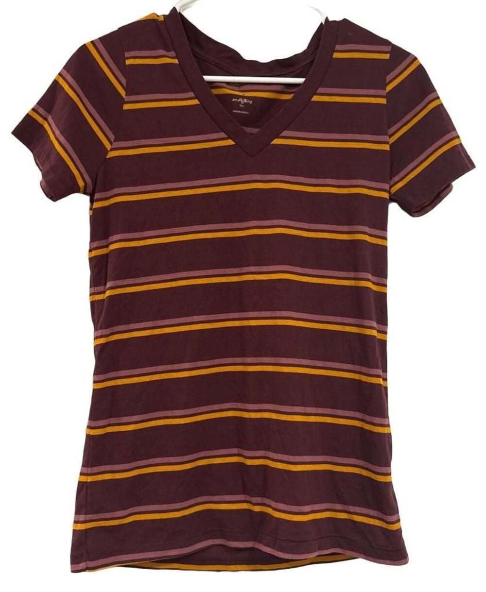 Arizona Jean Co. Women Striped V-Neck Short Sleeve Tee Maroon Yellow Y2K Size M